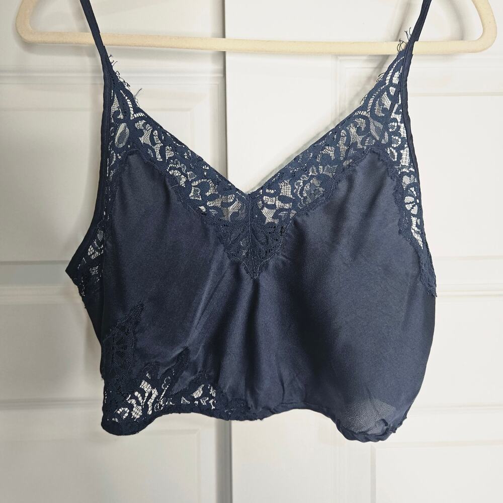 Intimately Free People Black Satin Lace Trim Cropped Cami Tank Top XSmall